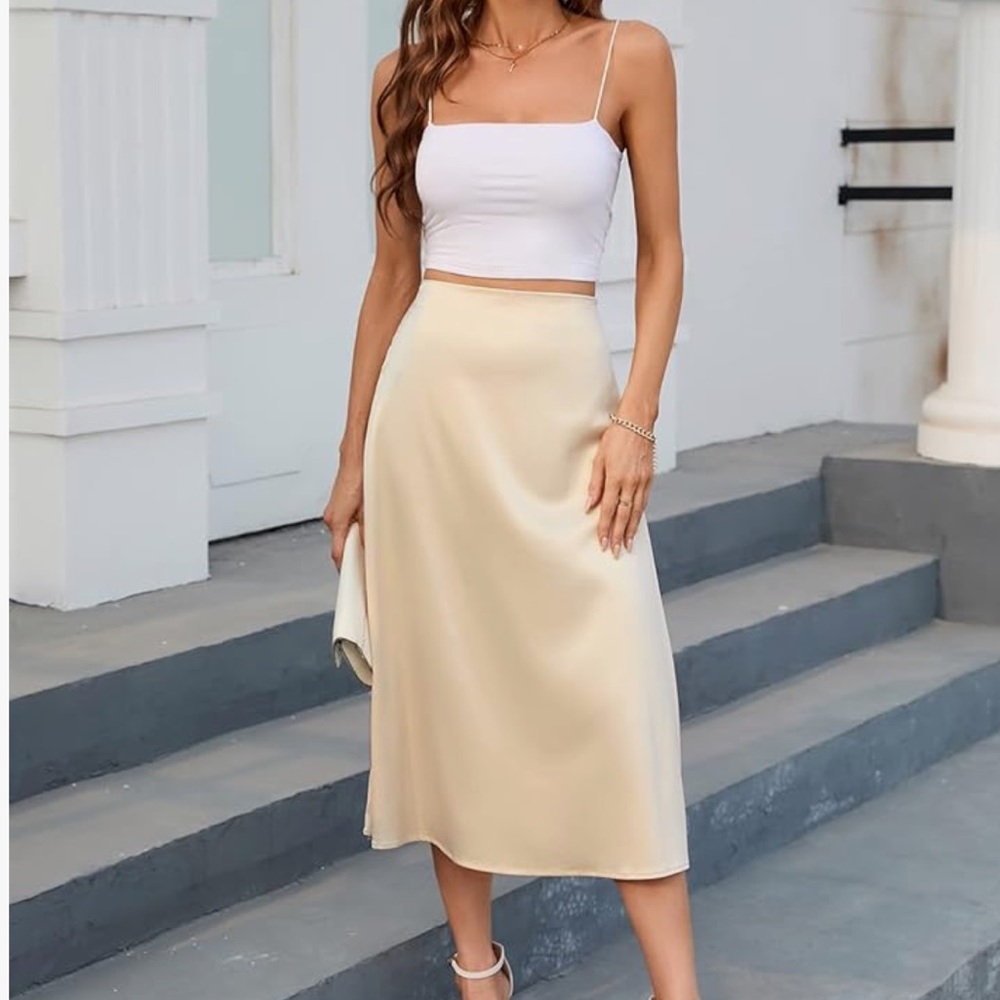 Satin Midi Skirt in Cream